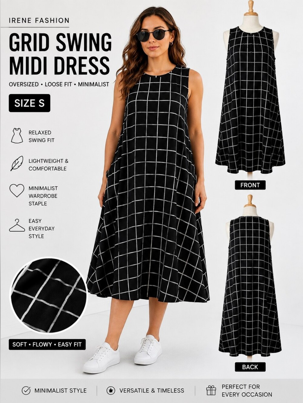 Irene Fashion S Black White Grid Swing Dress A Line Loose Fit Minimalist